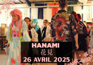 Animation festive avec décorations japonaises, stand d'activités, public participatif, ambiance familiale, Hanami 2025