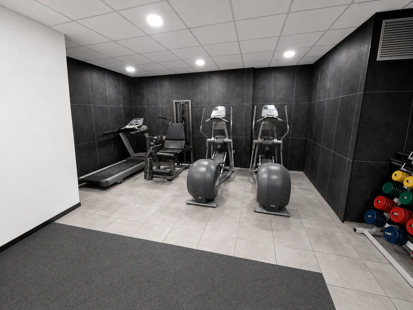Vue d'ensemble de la salle de fitness Kenkō undō de l'AMCJ à Elbeuf, avec tapis de course, vélos elliptiques, appareil de musculation et haltères